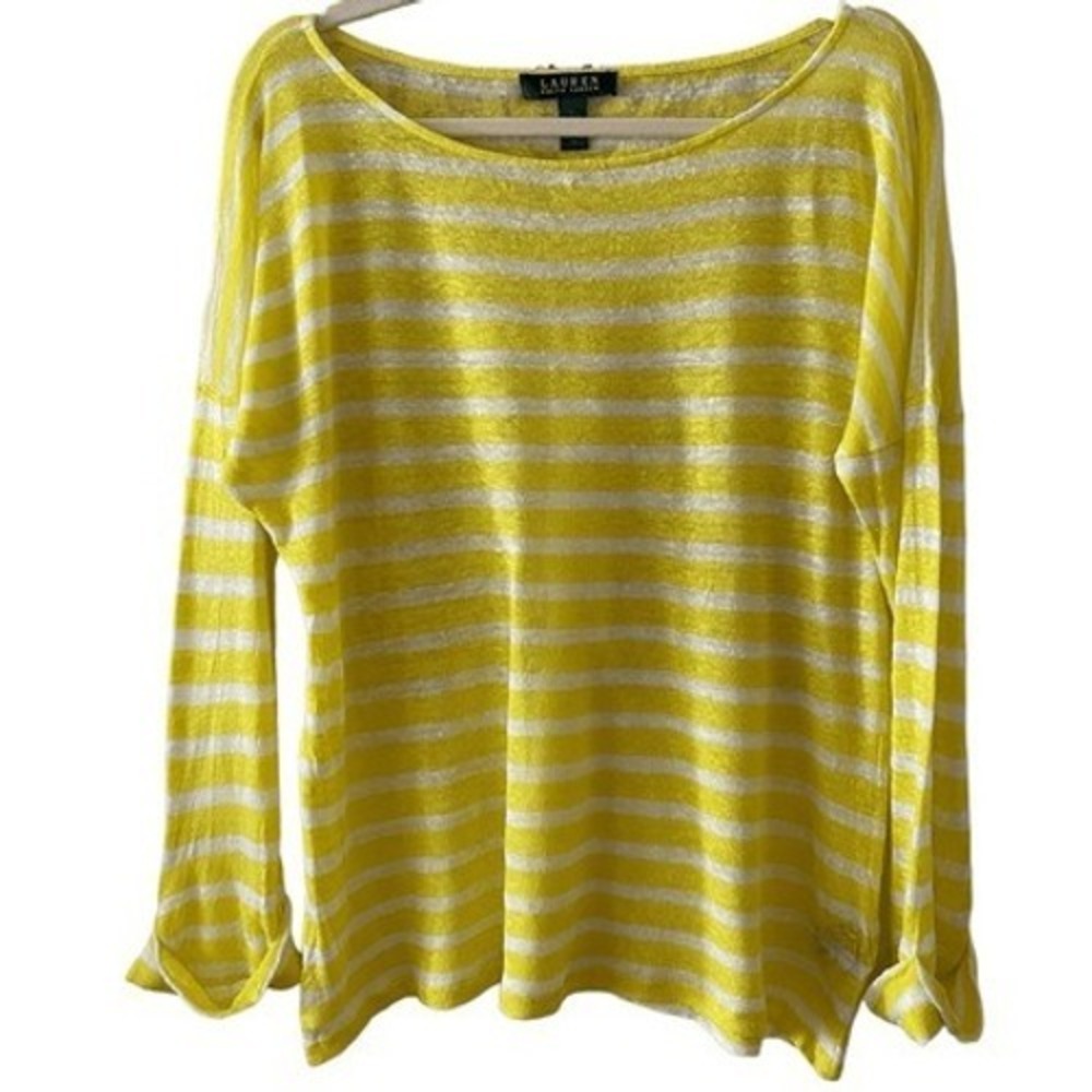 B4 Lauren Ralph‎ Lauren Striped 100% Linen L Yellow White Vintage y2k Boat Top